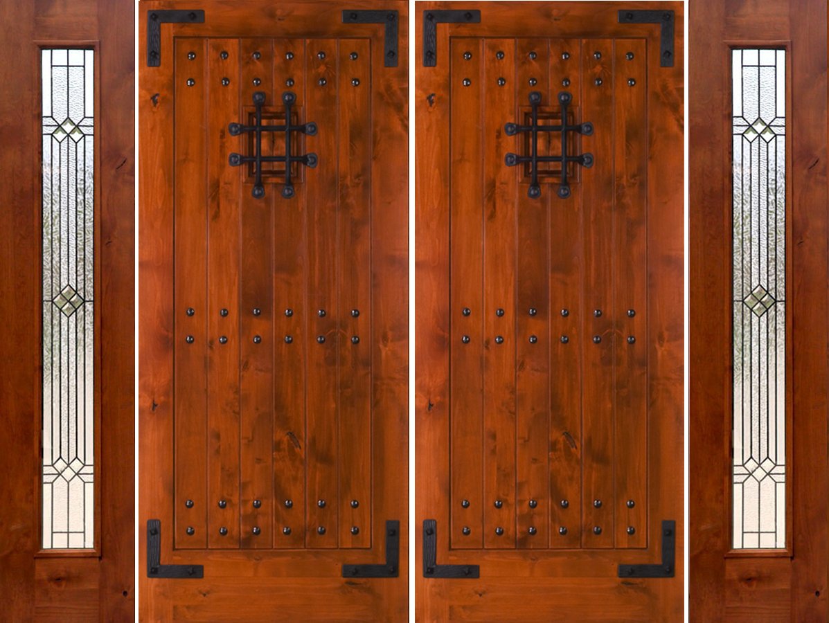 sw70 knotty alder double door with two builder patina sidelites